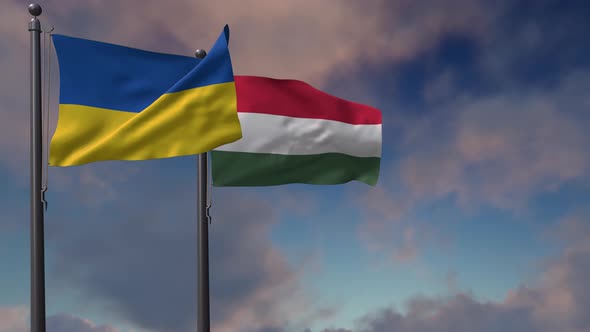 Hungary Flag Waving Along With The National Flag Of The Ukraine - 4K