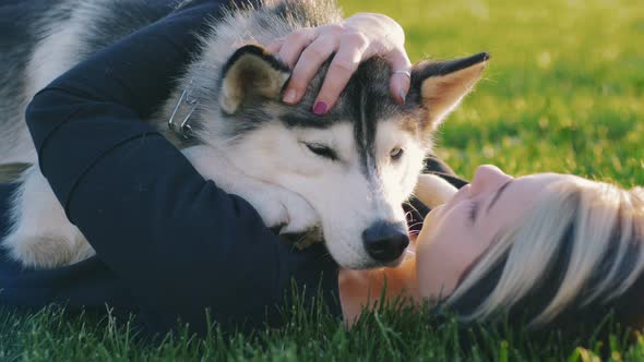 Beautiful Young Woman Playing with Funny Husky Dog Outdoors in Park