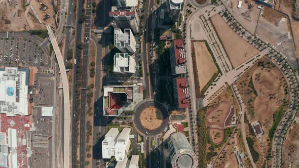 Aerial Birds Eye Overhead Top Down Panning View of Modern Town District Santa Fe with Skyscrapers