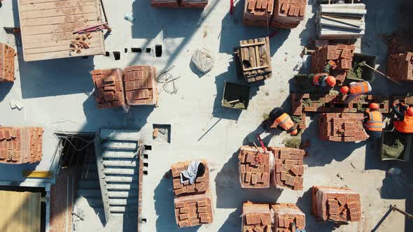 Aerial View on Top Construction of a House of Red Brick