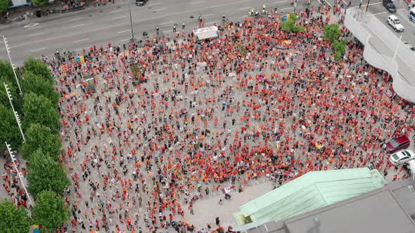 Aerial Overhead View of the Cancel Canada Day Protest at the Vancouver Art Gallery. Cinematic drone