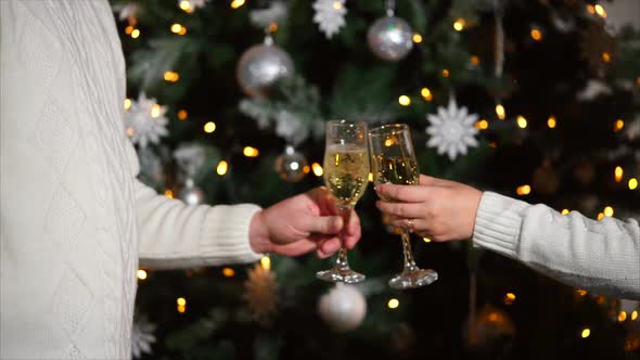 Close Up Shot of the Man and Woman Hands Who Clink Glasses of Champagne Near the New Year Tree