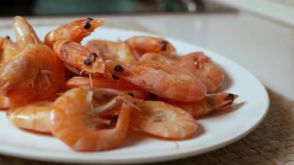 Hot Boiled Fresh Shrimps in a White Plate, Close-up