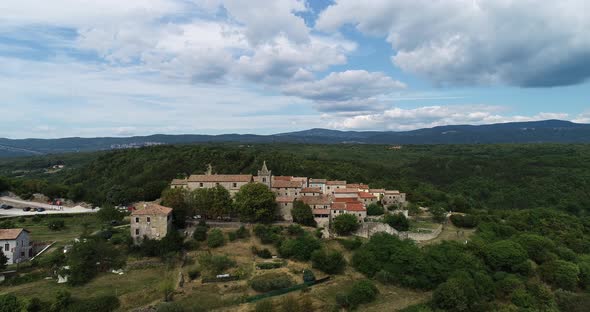 Aerial view of Hum, a small town on hilltop, Croatia.