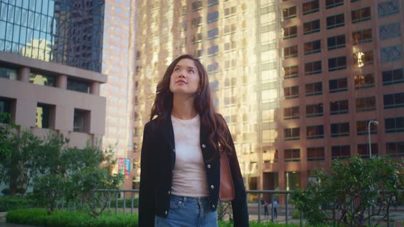 Cute Girl Walking Alone City Street