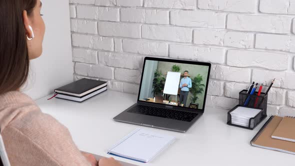 Woman Study at Home Online Video Conference Call Laptop Computer Listen Teacher