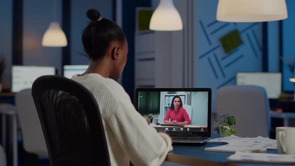 Dark Skin Manager Woman Talking with Coworker During Video Conference