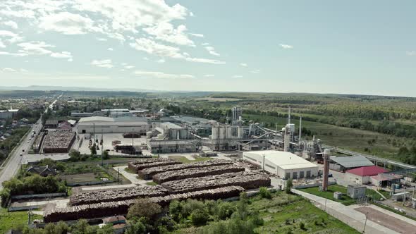 Aerial Wide Drone View. Factory Industrial Zone, Wood Processing Factory Warehouses, Workers Inside