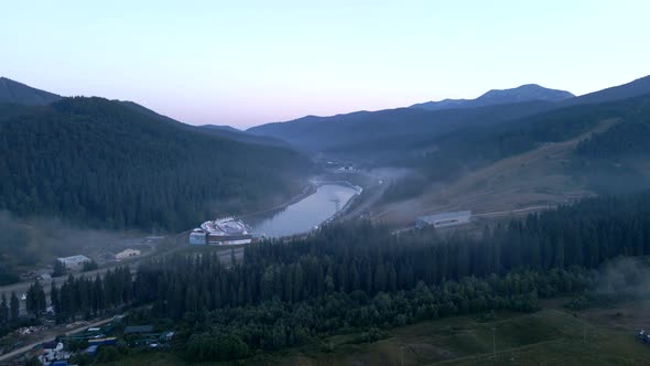 Aerial View of Bukovel Village in Carpathian Mountains at the Morning