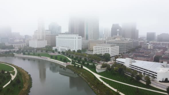 Columbus Ohio skyline on a foggy morning, aerial drone