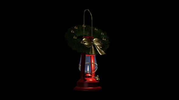 Xmas Lantern - Red Lamp, Green Wreath, Golden Bow - Burning and Swinging - RS Loop - Alpha Channel alt