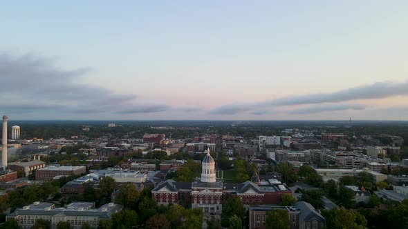 Columbia, Missouri - Mizzou University Campus Buildings at Sunset - Aerial Drone