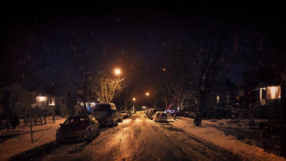 Residential Area In Heavy Snowfall At Night