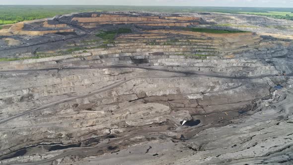 Panorama of large coal mine from the air, view of the ledges. Open Pit Anthracite Mining 