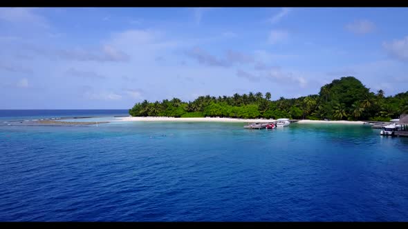 Aerial drone shot scenery of tranquil seashore beach trip by clear ocean with clean sand background 