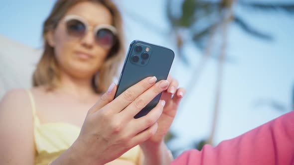 Portrait of Happy Tourist Woman Typing By Mobile Phone Closeup Girl Smartphone