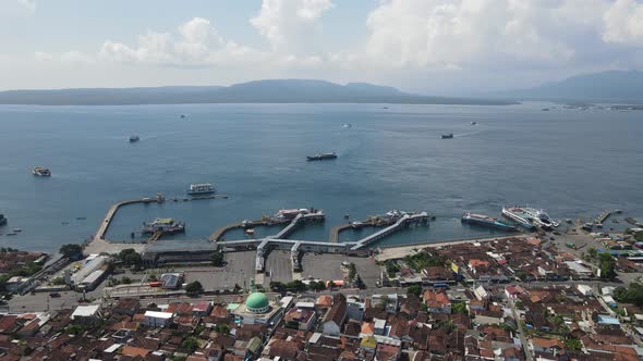 Aerial view of Port in Banyuwangi Indonesia with ferry in Bali Ocean