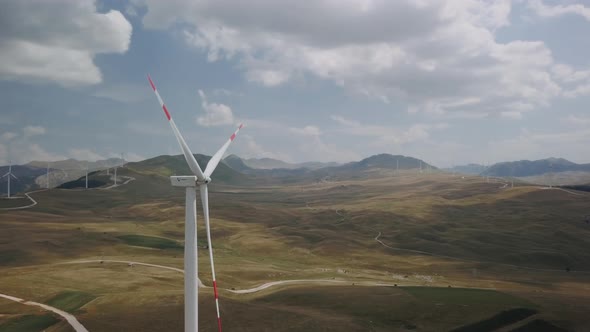 Aerial view of windmills farm. Power Energy Production in Montenegro.  Landscape with wind turbines