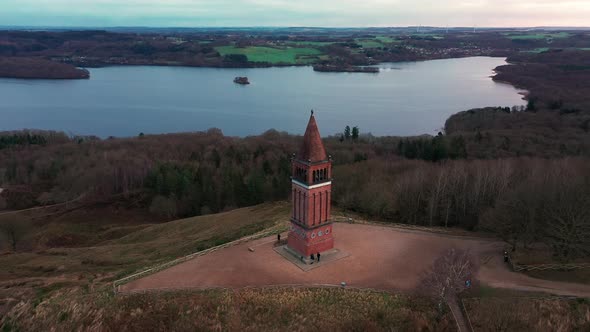 Aerial Over Red Brick Tower on the Top of Himmelbjerget Hill Denmark