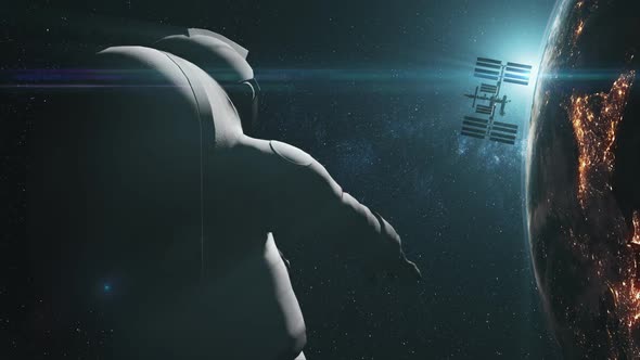 Close Up Realistic Spaceman Flying To Rotating ISS