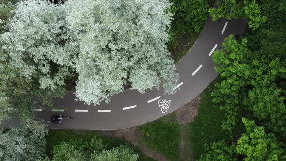 A Cyclist Rides a Bike Path in a Park Aerial View