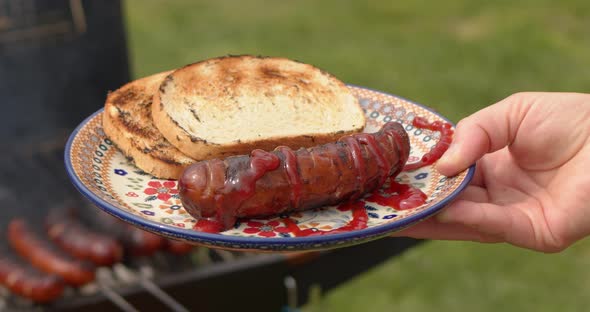 Woman Holding a Colorful Ceramic Plate with Barbecued Sausage and Grilled Bread