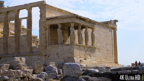 4K Female Figures of Caryatids Porch of the Erechtheion on the Acropolis, Athens, Greece