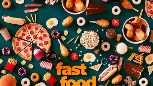 Seamless loop animation of fast food.A table is full of food, sweets and drinks
