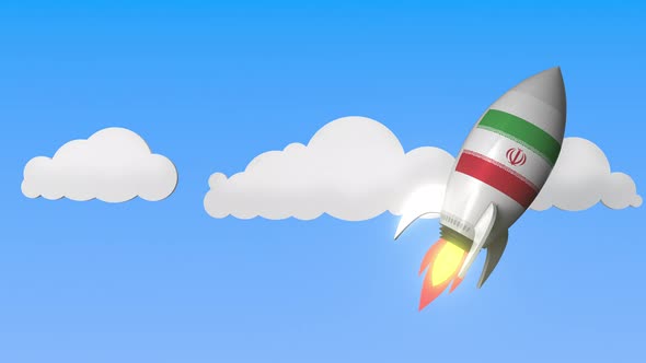 Flag of Iran on Rocket Flying High in the Sky