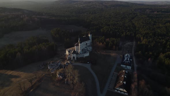 Royal bobolice castle fortification in middle of polish nature. Aerial