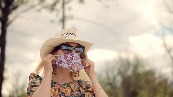 Girl Walking In Face Mask In Summer COVID19 Virus. Health And Safety Concept. Pandemic Protection.