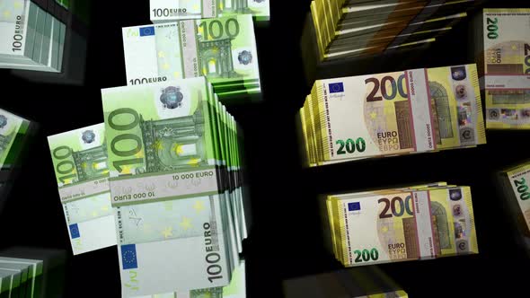 Flight over Euro money banknote packs loop