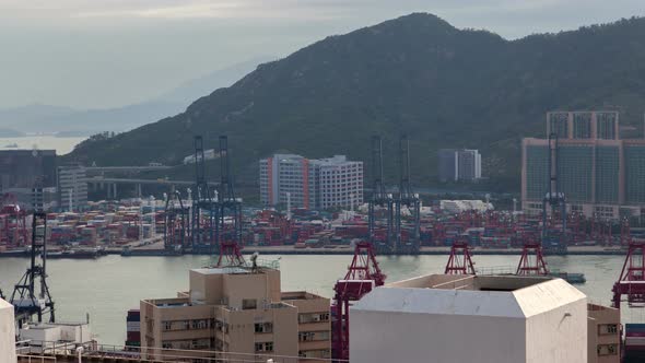 Timelapse Wide River Between Hong Kong Industrial Districts