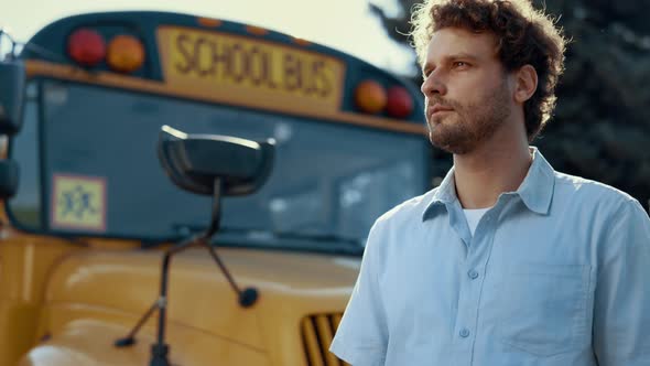 Portrait Car Driver Stand Near Yellow School Bus