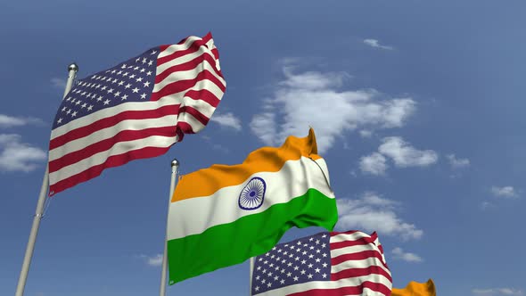 Row of Waving Flags of India and the USA