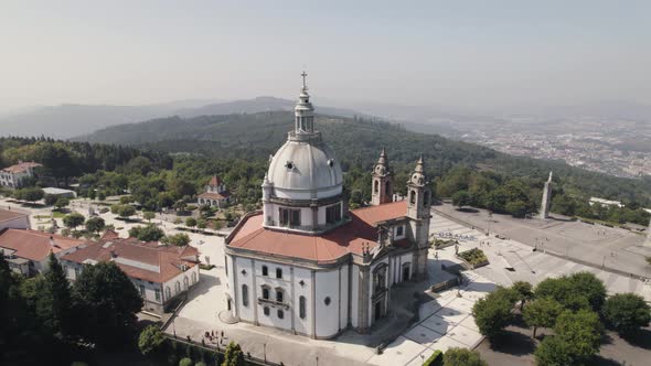 Sameiro Sanctuary in city of Braga, Portugal, aerial drone orbit shot