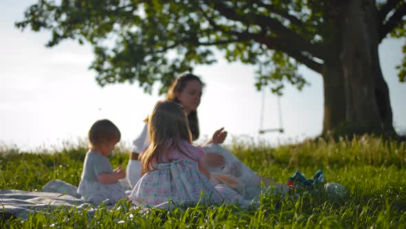 Mom and Her Two Little Daughters Made a Picnic.