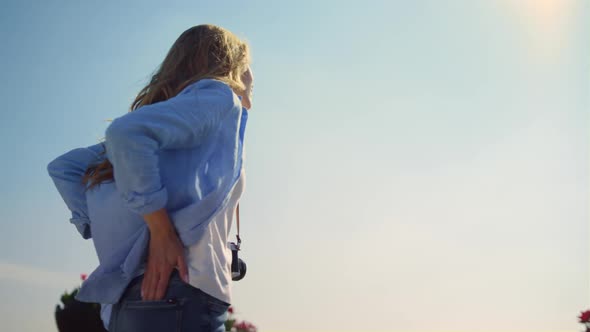 Closeup Woman Hands in Pocket at Walk in Blooming Garden Outdoors in Daytime