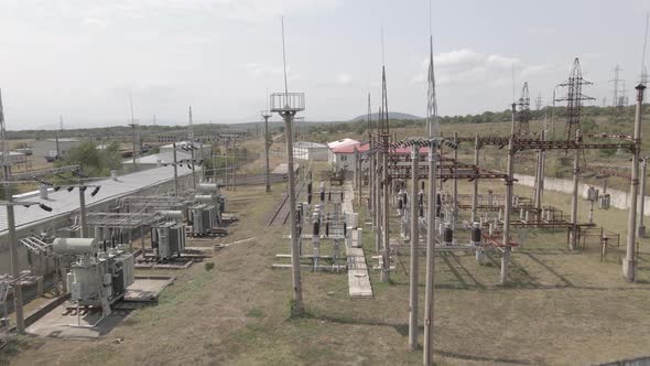 Aerial view of Traction substation of Tetritskaro railway station, Georgia 2021