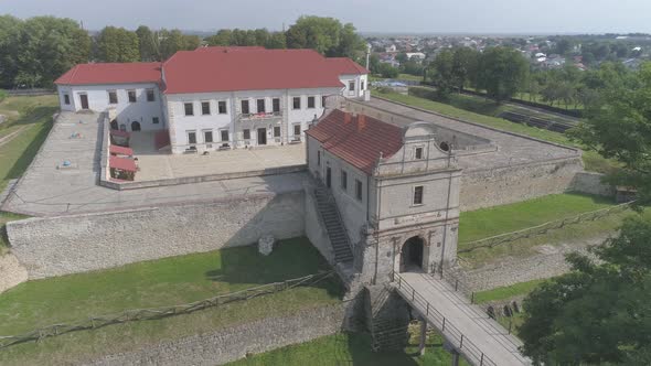 Aerial view of a castle and its courtyard