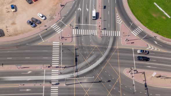 Top View City Traffic on a Crossroad in Dubai Business Bay Timelapse