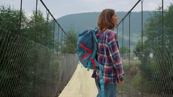 Happy Woman Walking Mountains Landscape in Summer Trip