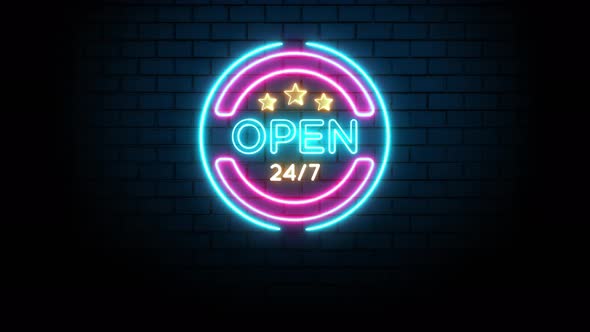 Open 24/7 Neon Sign on Brick Wall
