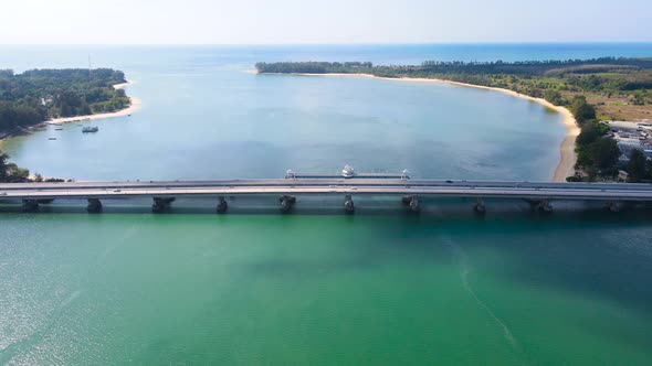 Aerial view top down view Sarasin Bridge transport over sea. Transport concept Phuket Thailand