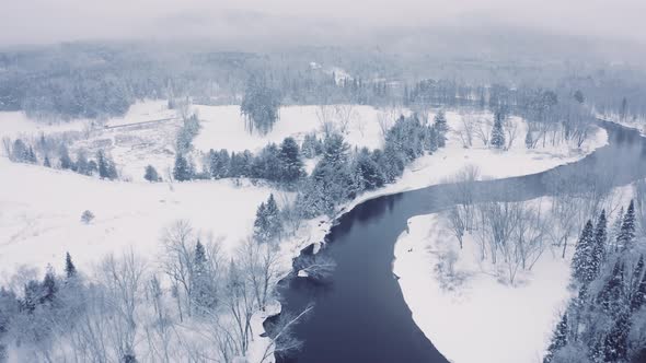 Foggy Winter Landscape - Drone Flying  4K - Mountains - Trees, rivers, snowy - Cinematic river