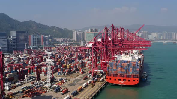 Top view of cargo ship in the port in Hong Kong