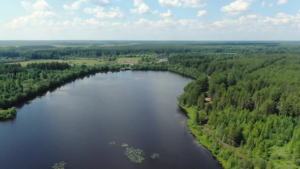 Flight Over the Taiga Forest Lake