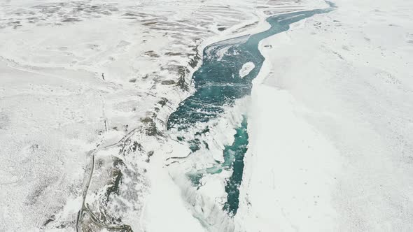 View of Frozen Iconic Gullfoss Waterfall in Iceland