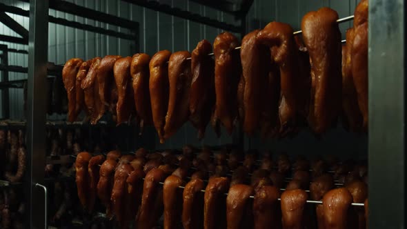 Smoked Chicken Fillet is Dried in Storage Room