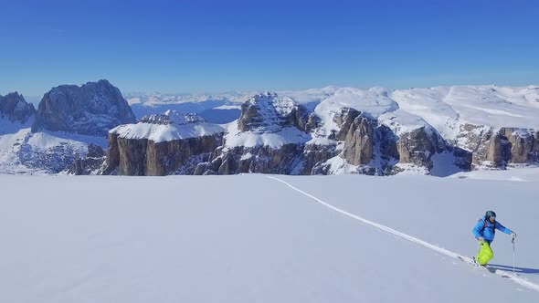Single man on skiing tour, Sasso Pordoi, Dolomites, Italy